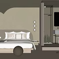 Modern Hotel Room Interior With Comfortable Bed Glass Shower Round Lights And Green Plant