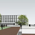 Modern Glass Office Building with Surrounding Greenery Public Square and Pedestrian Areas