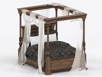 Classic Wooden Four Poster Bed With White Drapes And Dark Patterned Bedspread 3d model