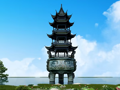 Ancient Chinese Architecture Decorative Figurine Set With Carved Base Tower Grass Trees And Sky Background 3d model