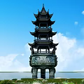 Ancient Chinese Architecture Decorative Figurine Set With Carved Base Tower Grass Trees And Sky Background