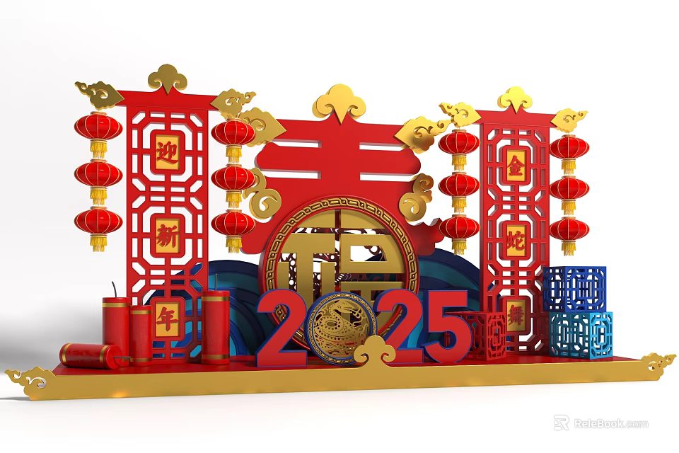 Chinese New Year Celebration Stage with 2025 Fortune Character Red Gold Lanterns Decorations 3d model 