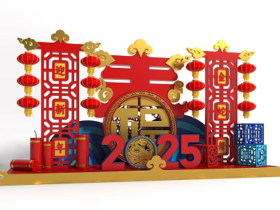 Chinese New Year Celebration Stage with 2025 Fortune Character Red Gold Lanterns Decorations 3d model