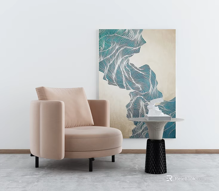 Beige Single Seater Sofa With Side Table And Green Abstract Wall Art In Modern Interior 3d model 