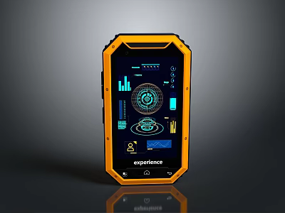 Rugged Handheld Device With Yellow Black Casing And Screen Displaying Charts Dashboard Experience 3d model