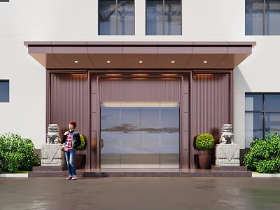 Elegant Entrance Gate Of White Building With Glass Door Stone Lion Statues And Green Shrubs 3d model