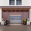 Elegant Entrance Gate Of White Building With Glass Door Stone Lion Statues And Green Shrubs