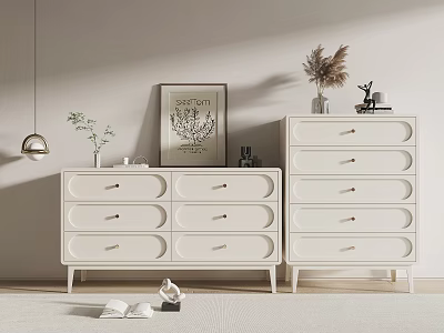 Modern White Dressers With Multiple Drawers Decorative Wall Art Dried Flowers And Small Sculptures 3d model