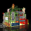 Shop Style Art Installation With Neon Lights Chinese Signage Green Frame And Tile Wall