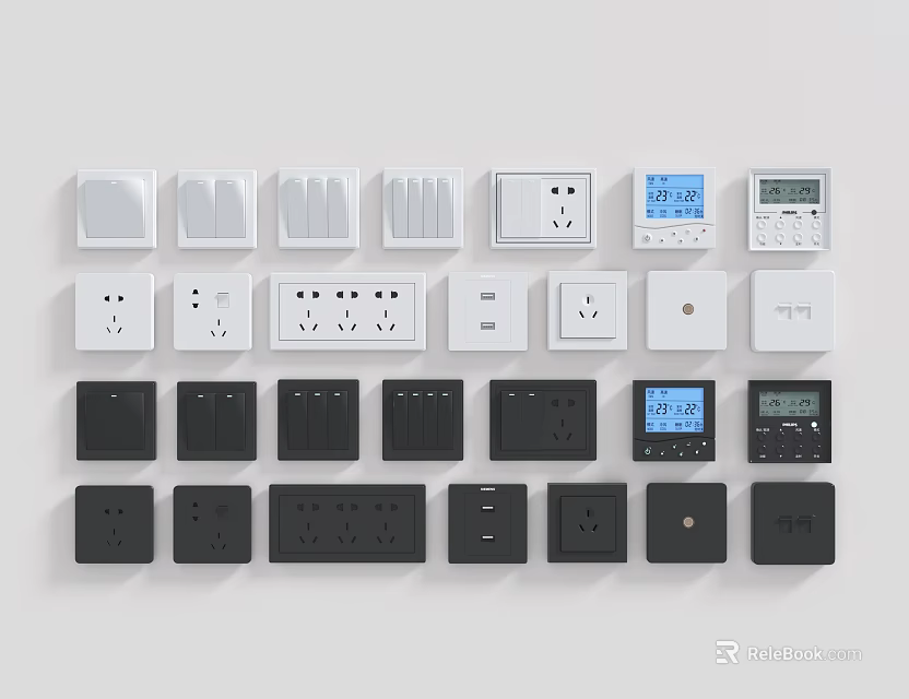 White and Black Switch Panels with Various Socket and Digital Display Designs 3d model 