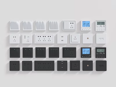 White and Black Switch Panels with Various Socket and Digital Display Designs 3d model