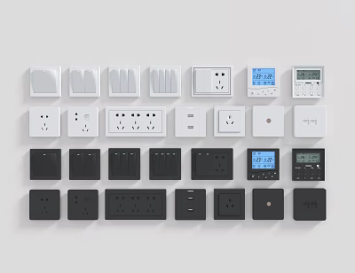 White and Black Switch Panels with Various Socket and Digital Display Designs 3d model