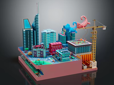 Cartoon City Construction Scene With Colorful Buildings High Rise Structures And Tower Crane 3d model