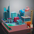 Cartoon City Construction Scene With Colorful Buildings High Rise Structures And Tower Crane