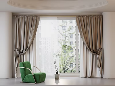 Beige Curtains In Bright Room With Green Chair Window Plant And City View 3d model