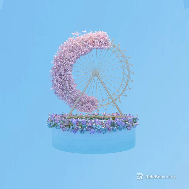Ferris Wheel Floral Decoration With Pink Flowers And Purple Blue Blooms On Light Blue Base 3d model 