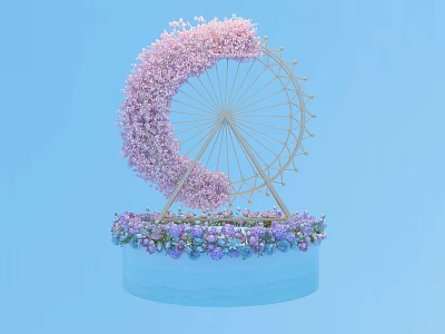 Ferris Wheel Floral Decoration With Pink Flowers And Purple Blue Blooms On Light Blue Base 3d model