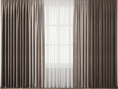 Thick Brown Curtains with Sheer White Panels for Window Decoration 3d model