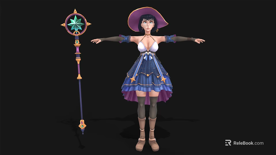 Fantasy Woman Character in Blue Star Patterned Dress with Hat and Magical Staff 3d model 