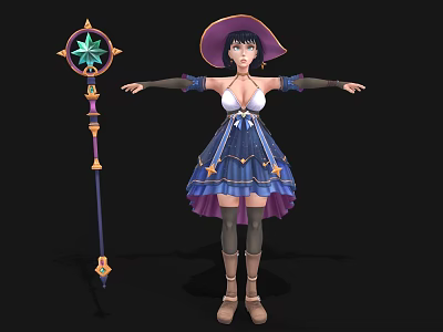 Fantasy Woman Character in Blue Star Patterned Dress with Hat and Magical Staff 3d model