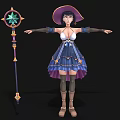 Fantasy Woman Character in Blue Star Patterned Dress with Hat and Magical Staff