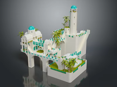 Mediterranean Style White Architecture Model With Blue Domes Tower Palm Trees And Balconies 3d model