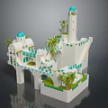 Mediterranean Style White Architecture Model With Blue Domes Tower Palm Trees And Balconies