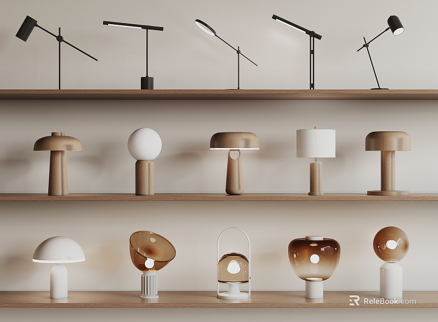 Diverse Table Lamps with Unique Shapes and Modern Designs on Wooden Shelves 3d model 