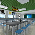 School Cafeteria Space With Green Ceiling White Lockers Long Tables And Blue Stools 3d model