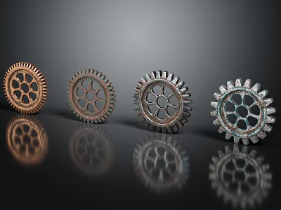 Hardware Tools Featuring Four Metallic Gears in Various Colors on Black Surface with Clear Reflections 3d model