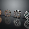 Hardware Tools Featuring Four Metallic Gears in Various Colors on Black Surface with Clear Reflections