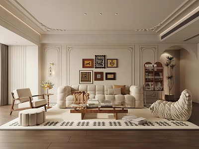 Elegant Modern Living Room Interior With Beige Sofa Wooden Flooring Decorative Paintings And Soft Lighting 3d model