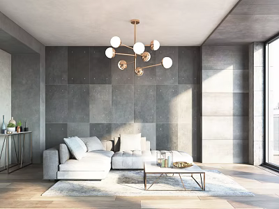 Modern Industrial Living Room With Textured Concrete Wall Soft Sectional Sofa And Elegant Golden Chandelier 3d model