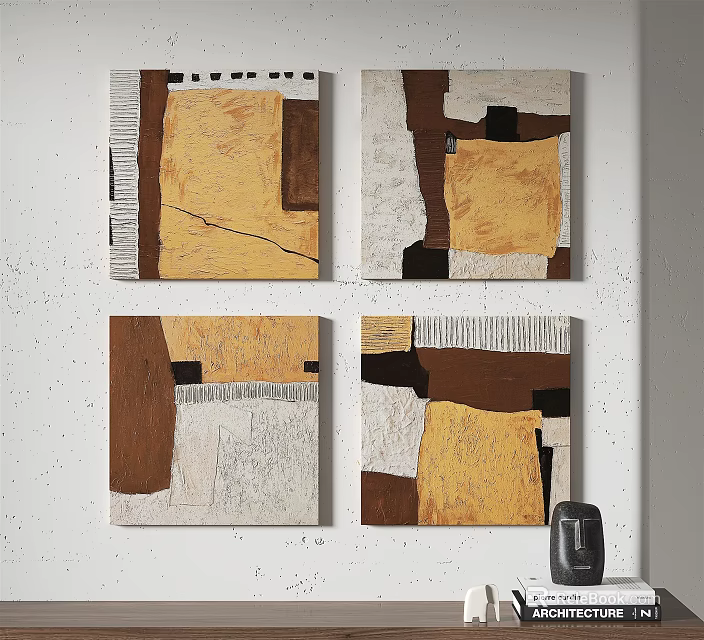 Four Abstract Paintings on Wall with Brown Yellow and Beige Geometric Patterns 3d model