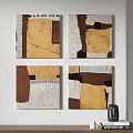 Four Abstract Paintings on Wall with Brown Yellow and Beige Geometric Patterns 3d model