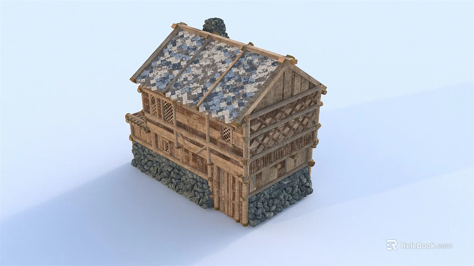 Traditional Wooden House Design With Stone Base Wooden Frame Tiled Roof And Chimney 3d model 