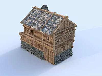 Traditional Wooden House Design With Stone Base Wooden Frame Tiled Roof And Chimney 3d model