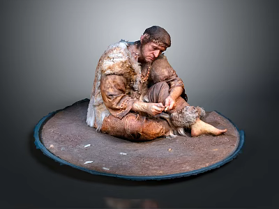 Ancient Human Figure Sitting On Round Mat Wearing Animal Skin Clothing Crafting 3d model