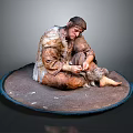 Ancient Human Figure Sitting On Round Mat Wearing Animal Skin Clothing Crafting