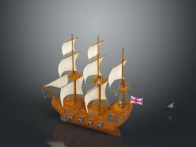 Vintage Wooden Sailing Ship Model with Multiple White Sails and British Flag Decoration 3d model