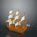 Vintage Wooden Sailing Ship Model with Multiple White Sails and British Flag Decoration