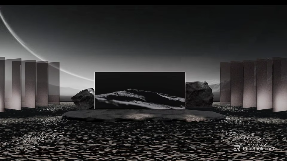 Modern Display Installation Featuring Large Screen Rock Formations Tall Columns Dark Background And Textured Floor 3d model 