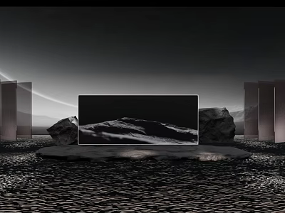 Modern Display Installation Featuring Large Screen Rock Formations Tall Columns Dark Background And Textured Floor 3d model