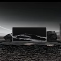 Modern Display Installation Featuring Large Screen Rock Formations Tall Columns Dark Background And Textured Floor 3d model