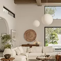 Modern Living Room Interior With White L Shaped Sofa Wooden Beams Stone Fireplace And Greenery