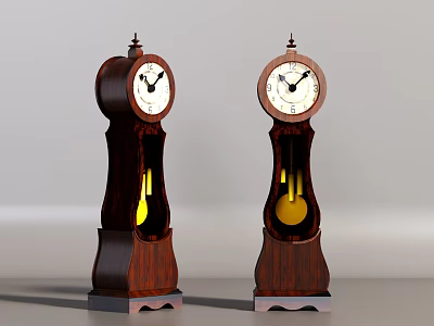 Two Wooden Grandfather Clocks with White Dials and Yellow Pendulums Classic Design 3d model