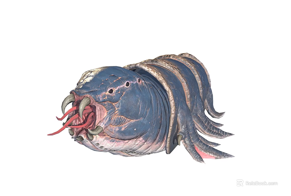 Mysterious Blue Striped Creature With Red Tentacles And Sharp Fangs On Worm Like Body 3d model 