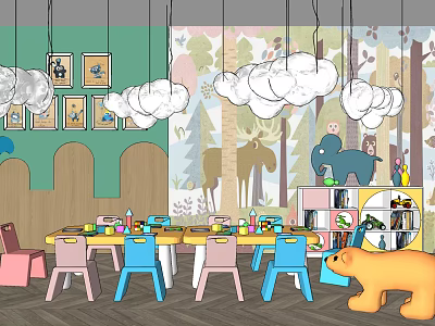 Kids Table in Playroom with Forest Themed Wallpaper Cloud Pendant Lights Colorful Chairs and Toys 3d model
