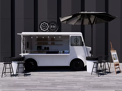 White Food Truck Outdoor Setup With Black Tables Chairs And Umbrella 3d model