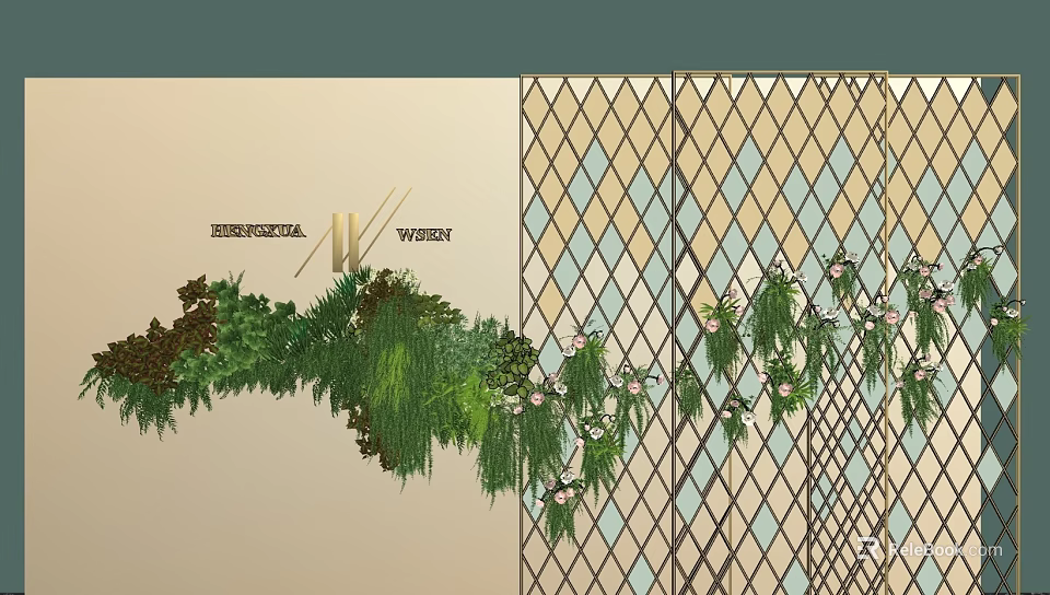 Artistic Floral Installation Design With Hanging Greenery Diamond Pattern Backdrop And Lush Foliage 3d model 